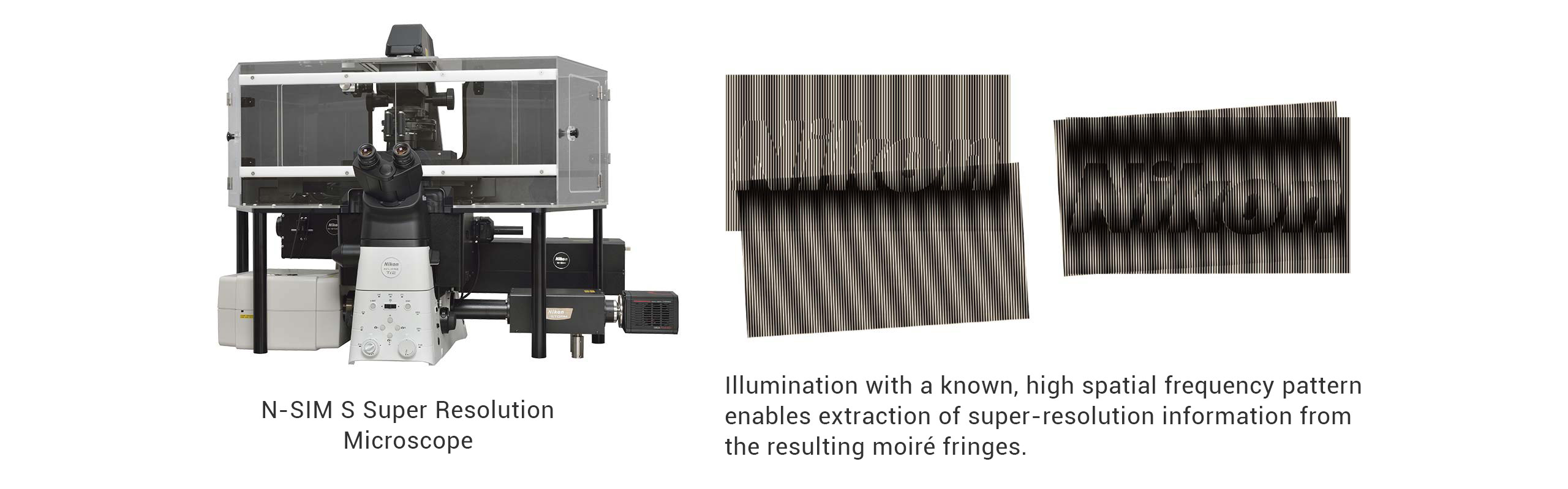 Illumination with a known, high spatial frequency pattern enables extraction of super-resolution information from the resulting moiré fringes.